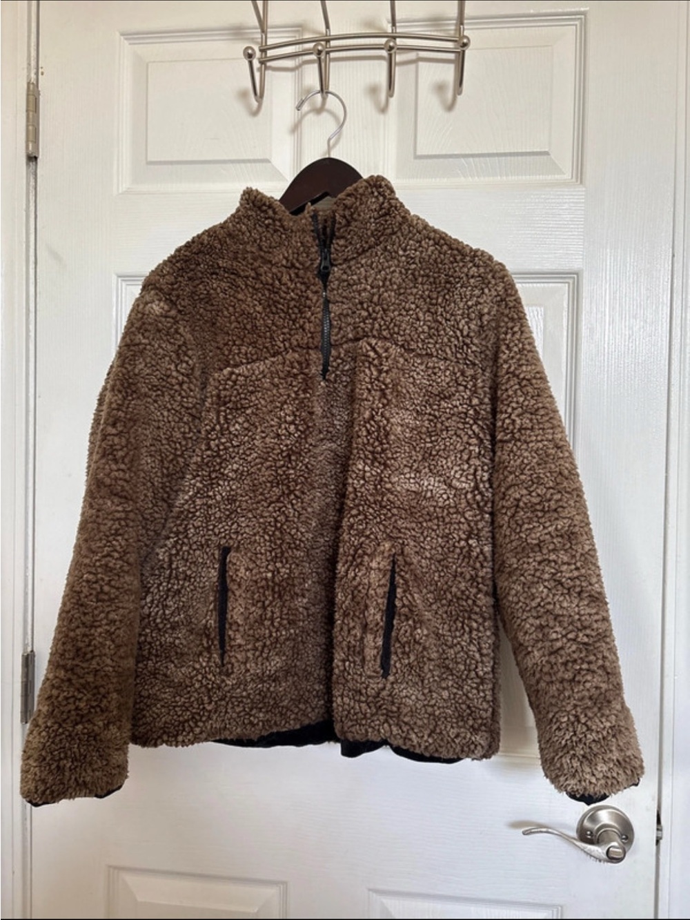 Plush Brown Teddy Sherpa Half-Zip Jacket